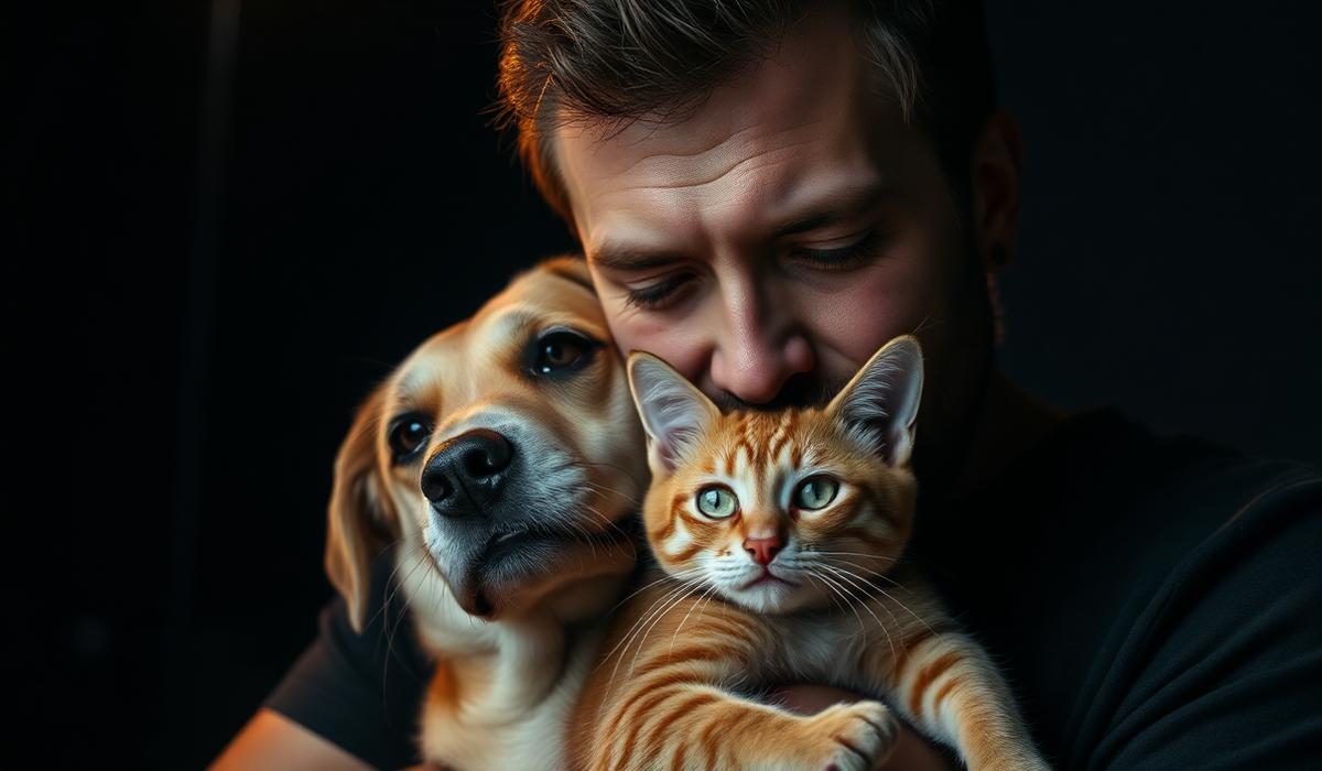 Man with rescued animals